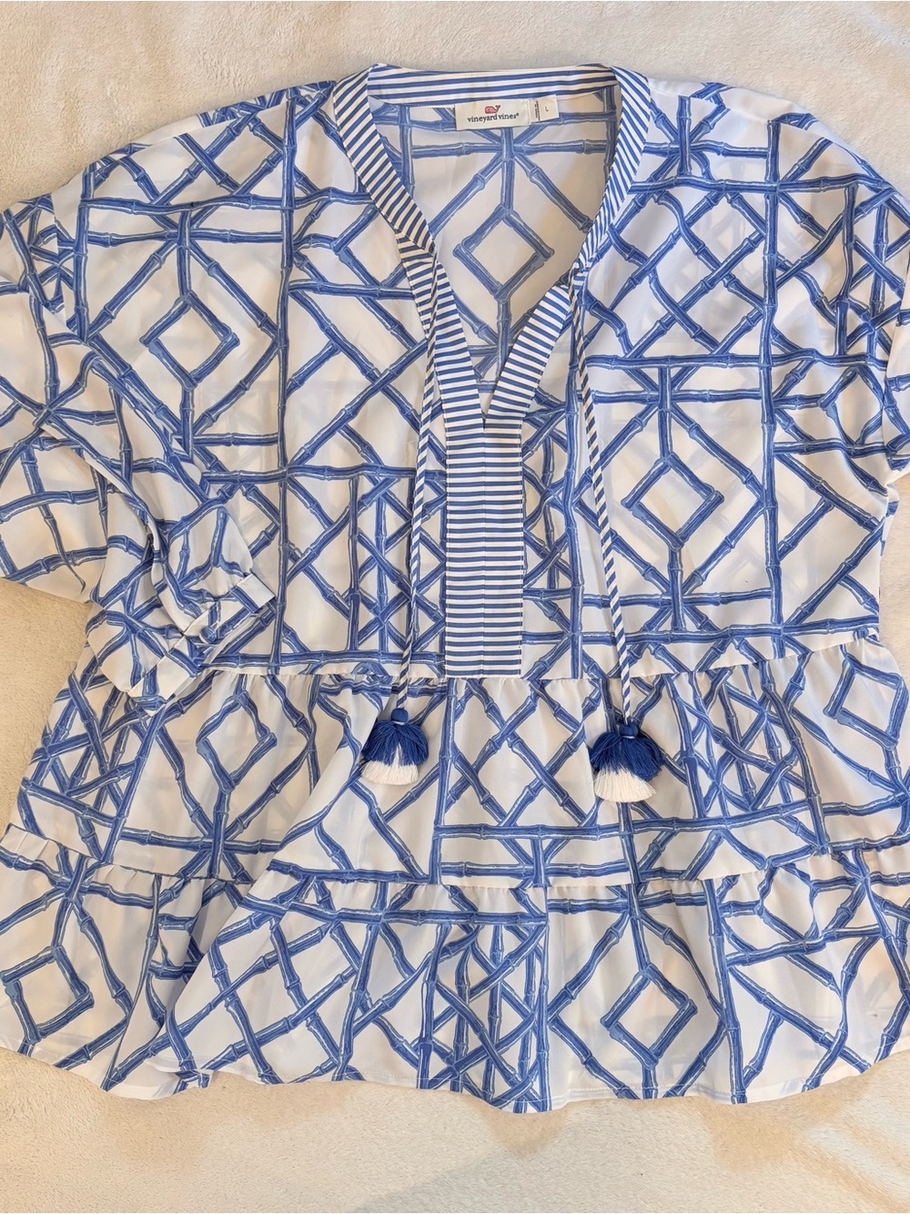 Vineyard Vines Marlin Lattice Print Tiered White & Blue Bamboo Tassel Tunic Sz L